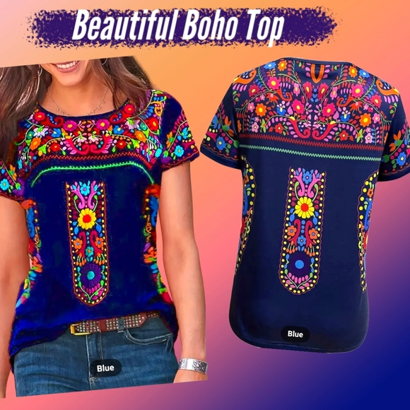 NWT!! Boho Beautiful Blue Multi-color Floral Casual Fashion Trendy Top!!💖😍💖 - Picture 2 of 12